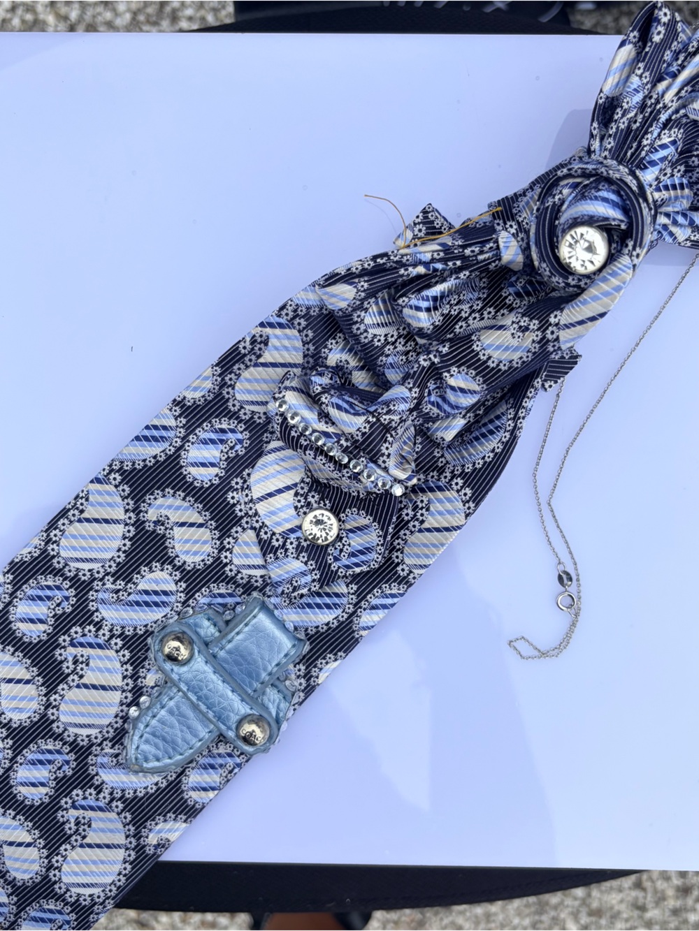 Men's Blue Patterned Silk Tie with Silver Accent